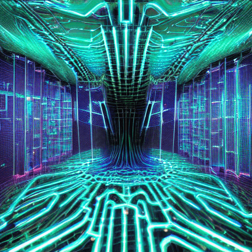 An ultra-modern quantum computer floating in a futuristic lab, with glowing entangled qubits connected by beams of neon light. The computer is surrounded by swirling mathematical formulas, holographic circuit diagrams, and data streams in a high-tech environment. The backdrop features a vast cosmic grid, representing the quantum realm, with shimmering particles and wave patterns cascading through the scene. The color palette is dominated by deep blues, purples, and vibrant greens, evoking the mysteries of quantum physics and the limitless possibilities of technology.