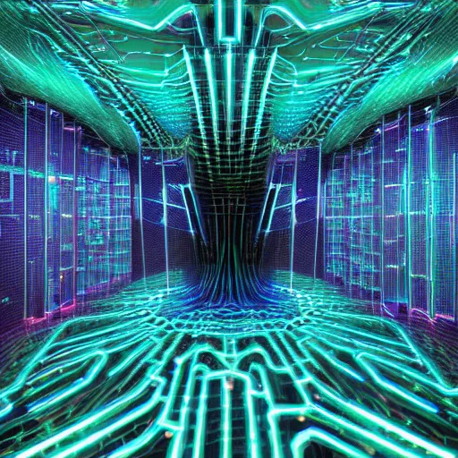 An ultra-modern quantum computer floating in a futuristic lab, with glowing entangled qubits connected by beams of neon light. The computer is surrounded by swirling mathematical formulas, holographic circuit diagrams, and data streams in a high-tech environment. The backdrop features a vast cosmic grid, representing the quantum realm, with shimmering particles and wave patterns cascading through the scene. The color palette is dominated by deep blues, purples, and vibrant greens, evoking the mysteries of quantum physics and the limitless possibilities of technology.