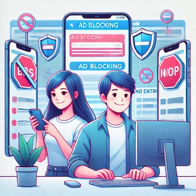 Image depicts the concept of ad blocking with two people looking happy and relieved—one using a phone and the other a PC, surrounded by a clean, ad-free digital environment.