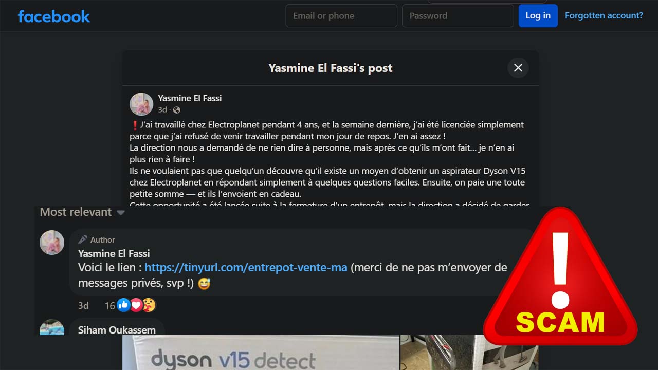 Scam Report: Moroccan Facebook Users Targeted in Dyson V15 Phishing Scheme